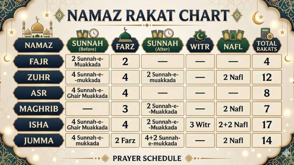 Namaz Rakat Guide Table | Fajr, Zohar, Asr, Maghrib, Isha