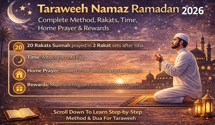 Taraweeh Namaz Ramadan 2026: Complete Method, Rakats, Time, Home Prayer & Rewards